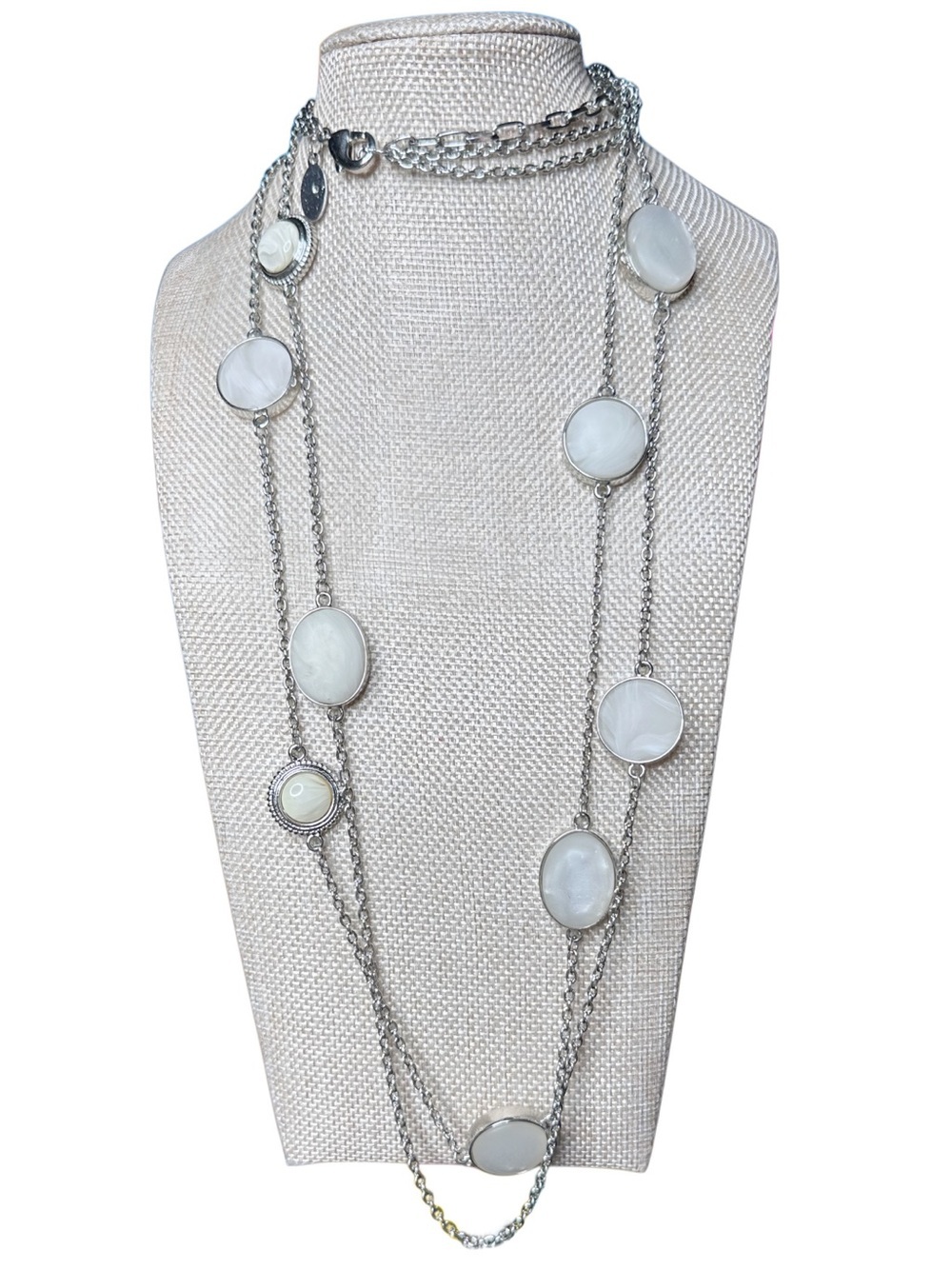 Chico's Silver Multi-Chain Necklace with White Cabochons